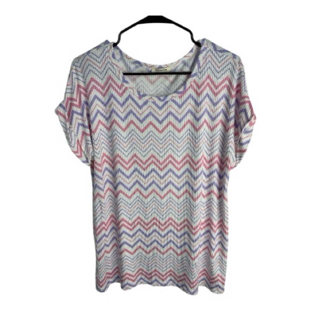 Viamor Women’s Colorful Chevron Short Sleeve and Ribbed Texture Top Size L